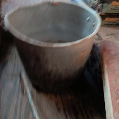 Old metal bucket - Wooden box - antique wooden levels and a handled hay hook