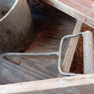 Old metal bucket - Wooden box - antique wooden levels and a handled hay hook