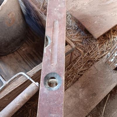 Old metal bucket - Wooden box - antique wooden levels and a handled hay hook