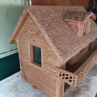 Wood house model handmade house with a deck for display or dolls