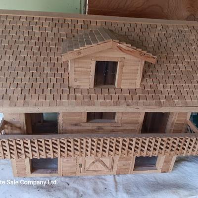 Wood house model handmade house with a deck for display or dolls