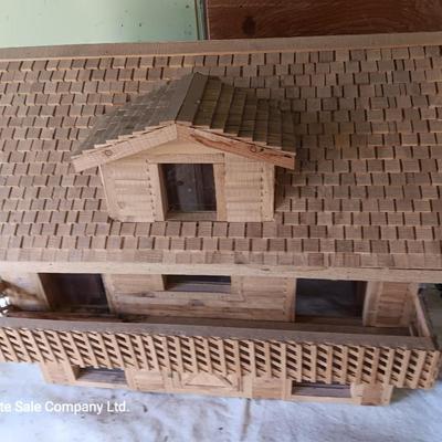 Wood house model handmade house with a deck for display or dolls