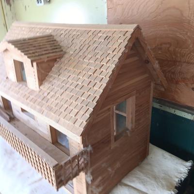 Wood house model handmade house with a deck for display or dolls
