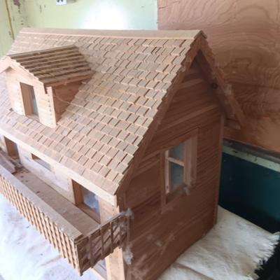 Wood house model handmade house with a deck for display or dolls