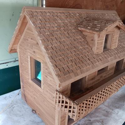 Wood house model handmade house with a deck for display or dolls