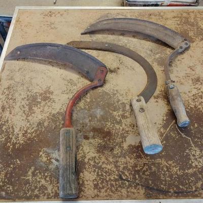 Three vintage primitive wooden handled Hand Scythe Sickles