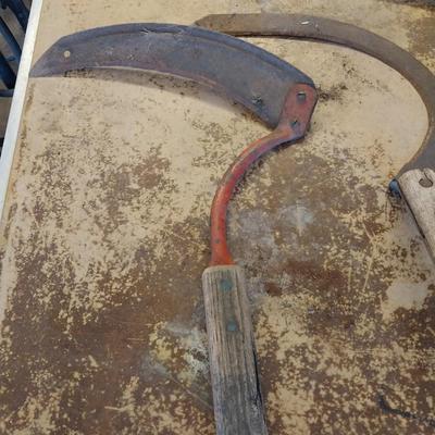 Three vintage primitive wooden handled Hand Scythe Sickles