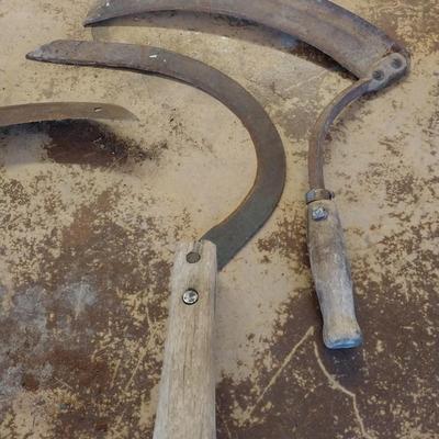 Three vintage primitive wooden handled Hand Scythe Sickles