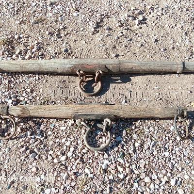 Horse eveners, old wood single trees, primitive antique iron rings