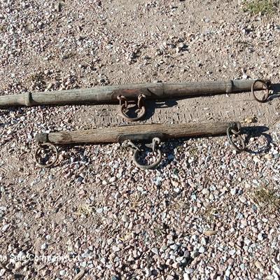 Horse eveners, old wood single trees, primitive antique iron rings