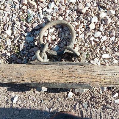 Horse eveners, old wood single trees, primitive antique iron rings
