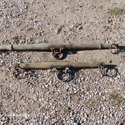 Horse eveners, old wood single trees, primitive antique iron rings