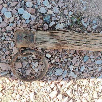 Horse eveners, old wood single trees, primitive antique iron rings
