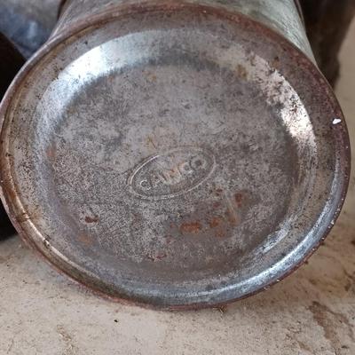Galvanized metal oil can and smaller oil cans and gas measuring tin