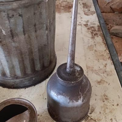 Galvanized metal oil can and smaller oil cans and gas measuring tin