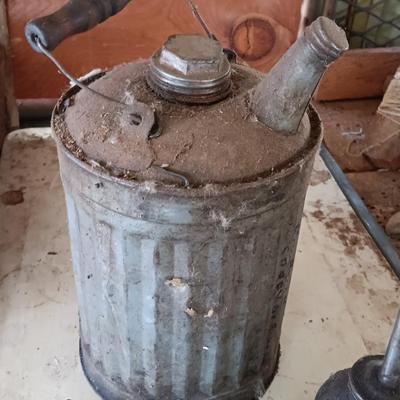 Galvanized metal oil can and smaller oil cans and gas measuring tin