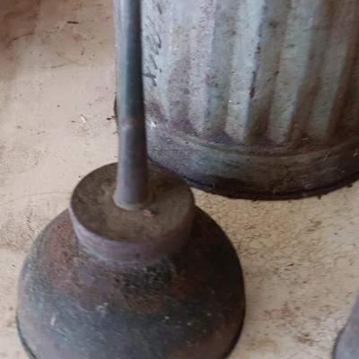 Galvanized metal oil can and smaller oil cans and gas measuring tin
