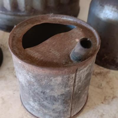 Galvanized metal oil can and smaller oil cans and gas measuring tin