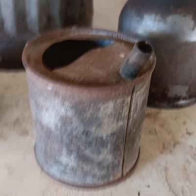 Galvanized metal oil can and smaller oil cans and gas measuring tin