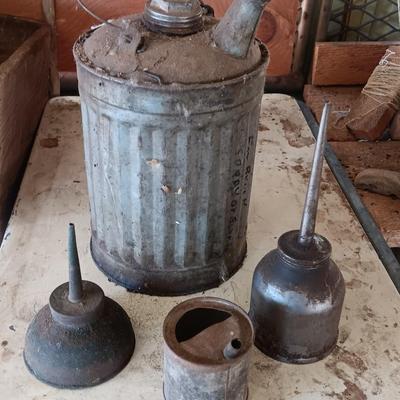 Galvanized metal oil can and smaller oil cans and gas measuring tin