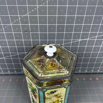 Vintage Hexagon TIN Cream, Turquoise & Floral With Lid WITH A PORCELAIN KNOB ON TOP! Hinged!!!