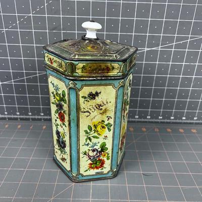 Vintage Hexagon TIN Cream, Turquoise & Floral With Lid WITH A PORCELAIN KNOB ON TOP! Hinged!!!