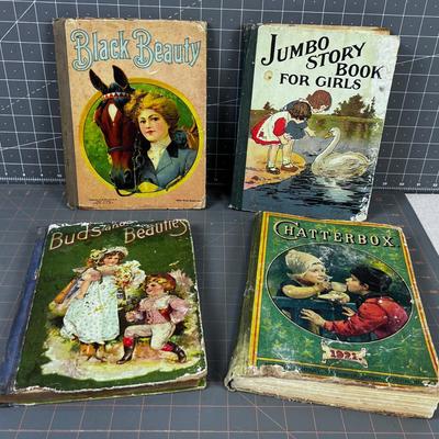 4 ANTIQUE STORY BOOKS: Chatter Box, Black Beauty, Buds & Beauties, 