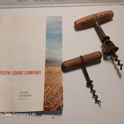 Antique Anheuser Busch and Otto Frey cork screws with Coors glass bottles and booklet