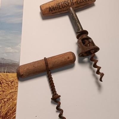 Antique Anheuser Busch and Otto Frey cork screws with Coors glass bottles and booklet