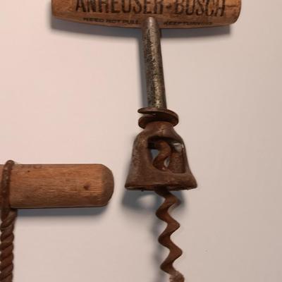 Antique Anheuser Busch and Otto Frey cork screws with Coors glass bottles and booklet
