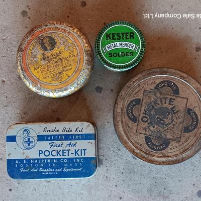 Vintage metal chemical tins - first aid kit - kester solder - and others