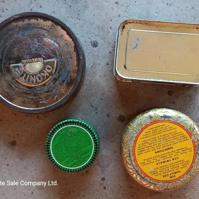Vintage metal chemical tins - first aid kit - kester solder - and others