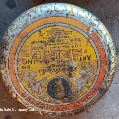 Vintage metal chemical tins - first aid kit - kester solder - and others