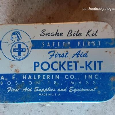 Vintage metal chemical tins - first aid kit - kester solder - and others