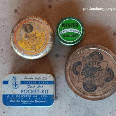 Vintage metal chemical tins - first aid kit - kester solder - and others