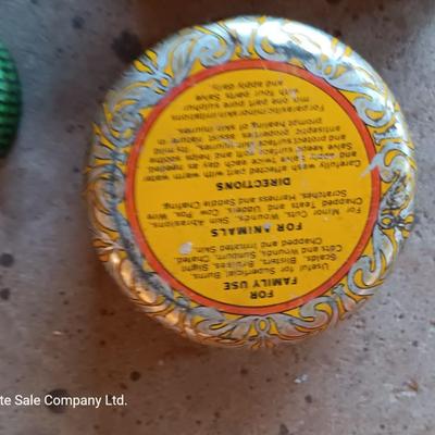 Vintage metal chemical tins - first aid kit - kester solder - and others