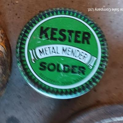 Vintage metal chemical tins - first aid kit - kester solder - and others