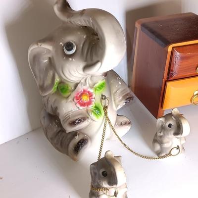 Vintage Riess elephant with babies on a chain and a cedar jewelry box from Glen Echo resort