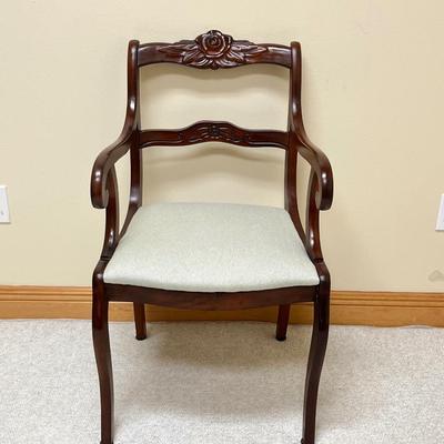 Vtg. Mahogany Rose Carved Upholstered Accent Armchair