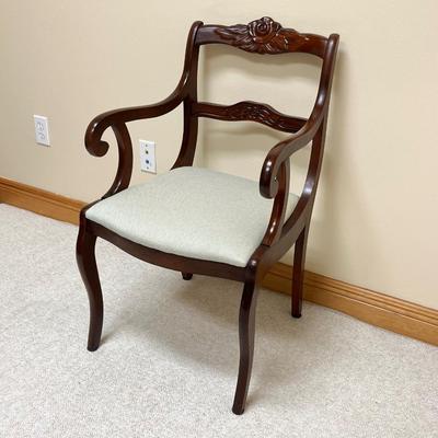 Vtg. Mahogany Rose Carved Upholstered Accent Armchair