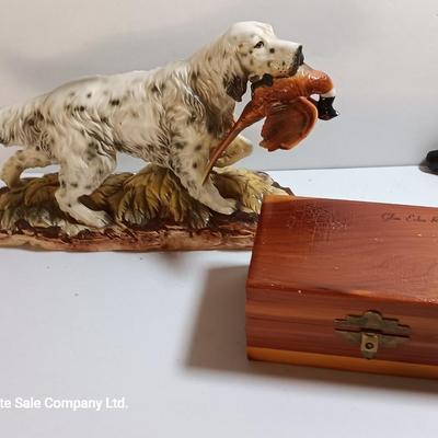 MAN CAVE Vintage Norcrest English setter with pheasant - cedar box from Glen Echo and a new pocketknife