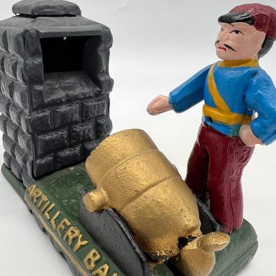 Cast Iron Mechanical Artillery Bank Soldier Canon Vintage