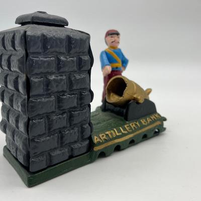 Cast Iron Mechanical Artillery Bank Soldier Canon Vintage