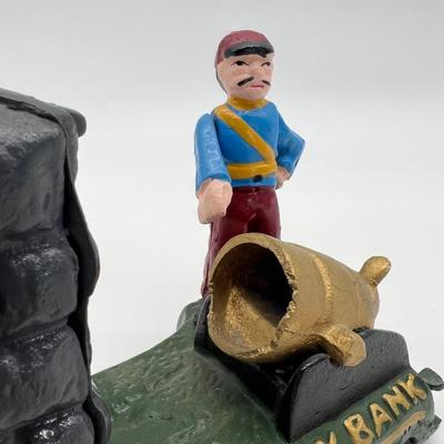 Cast Iron Mechanical Artillery Bank Soldier Canon Vintage