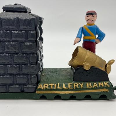 Cast Iron Mechanical Artillery Bank Soldier Canon Vintage