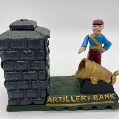 Cast Iron Mechanical Artillery Bank Soldier Canon Vintage