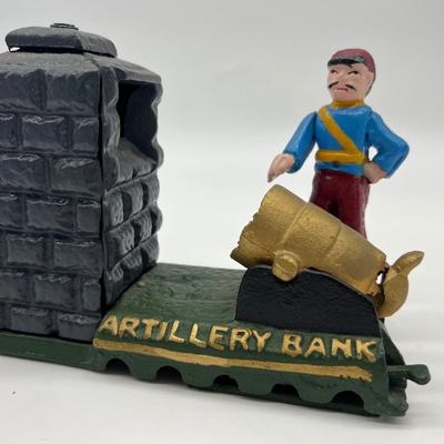 Cast Iron Mechanical Artillery Bank Soldier Canon Vintage