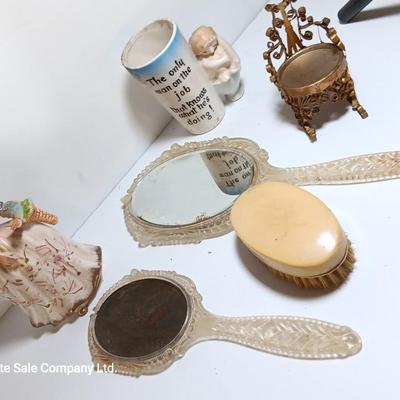 Vintage Women's vanity set with porcelain doll - unique mug and small metal chair.