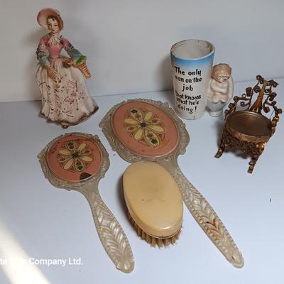 Vintage Women's vanity set with porcelain doll - unique mug and small metal chair.
