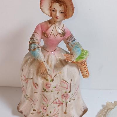 Vintage Women's vanity set with porcelain doll - unique mug and small metal chair.